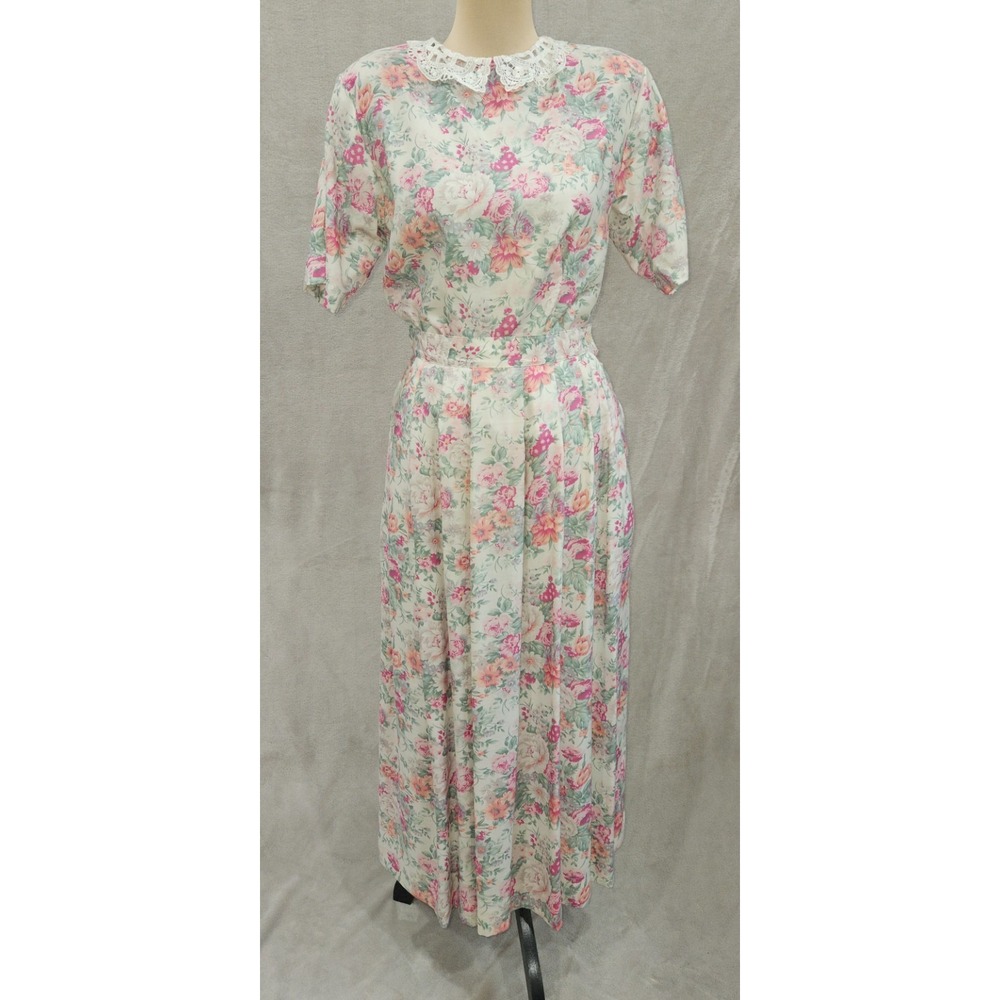 Vintage 90s Significance Floral Rayon 2 Piece Skirt Set XS 4 Lace Collar Cottage